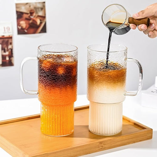 32oz Ribbed Glass Cup with Handle Lid and Straw，Borosilicate Glass Tumblers, Iced Coffee Cups Modern Glass Mug Hot/Cold Drinks for Smoothies, Tea, and Juice (clear-2Pack-glass Lid)