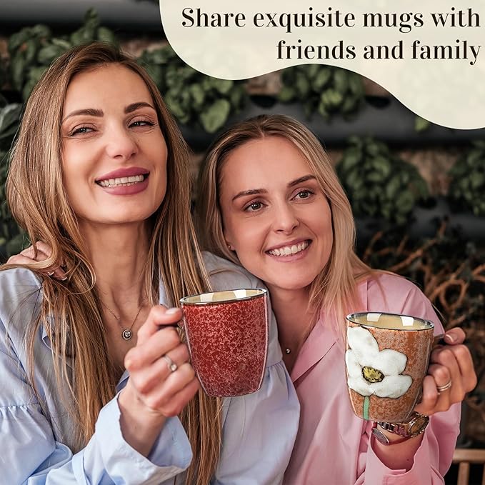 Maxdot 2 Pcs 12oz Ceramic Coffee Mugs Sets Glazing Process Cappuccino Mug Floral Ceramic Tea Cups Mother's Day Idea Gift for Women Mom Porcelain Cup for Coffee, Cocoa, Tea, Latte (Vintage)