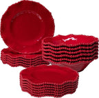 Christmas Red 18 Piece Beaded Melamine Dinnerware Sets, Service for 6, Lightweight Unbreakable, BPA Free With Scalloped rim Plates and Bowls Sets, Dishwasher Safe, Indoor and Outdoor Use