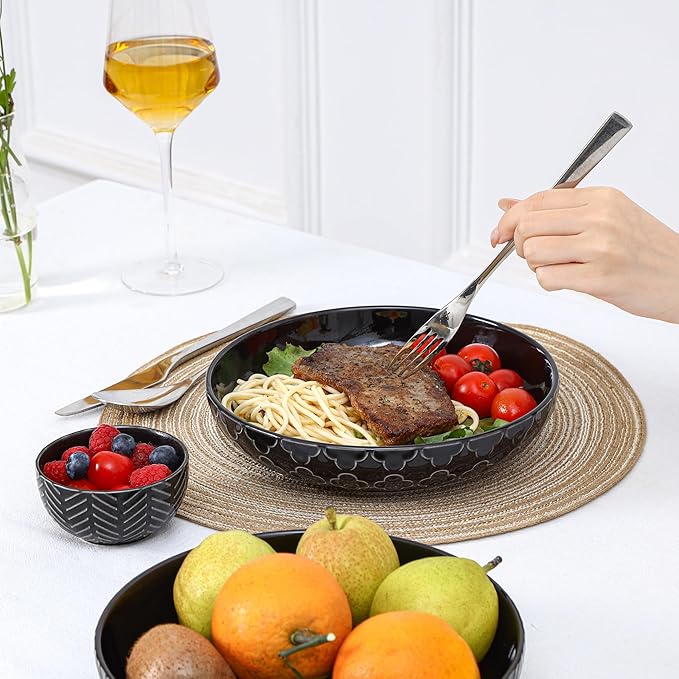 Sureasy Pasta Bowls Set of 4, 30oz Large Embossed Salad Bowls, 8.5 Inch Wide and Shallow Plate Bowls, Salad Bowl, Microwave, Oven & Dishwasher Safe, Black