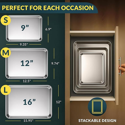 Baker’s Signature Stainless Steel Cookie Sheet Pan, Stainless Steel Baking Sheet Set of 3, Mirror Finish, Non-Stick, Rust Resistant, BPA Free, Dishwasher Safe, 9/12/16 Inch
