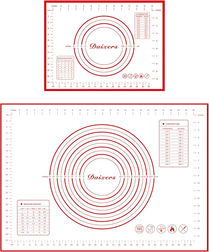 Silicone Baking Mats Set of 2,Extra Large 28" x 20" Small 16" x 12" Non Stick Non Skid Pastry-Mat with Measurements (Red)