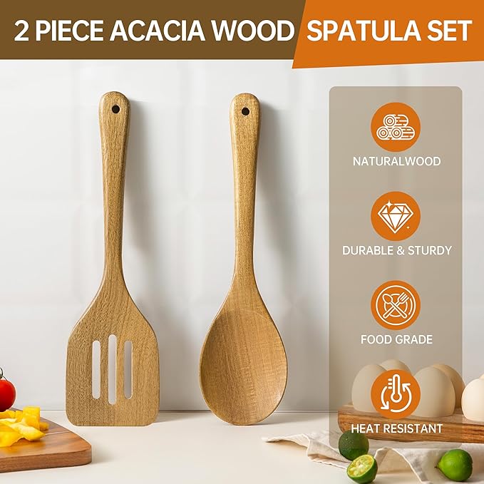 Wooden Serving Spoon and Spatula, Acacia Solid & Slotted Turner Spatula Set