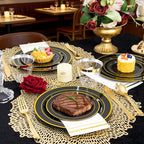 GATHER 350PCS Black Plastic Plates - Black and Gold Disposable Dinnerware Set Include 100 Plates, 150 Gold Silverware, 50 Napkins, 50 Cups for Party & Wedding & Birthday