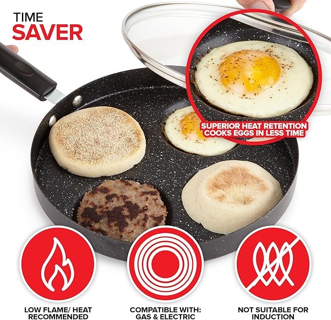 Modern Innovations 4-Cup Nonstick Egg Frying Pan with Lid, Fried Egg Pan, Omelette Pan, Mini Pancake Pan for Stove Top Gas & Electric, Small Egg Skillet, Breakfast Sandwich Maker