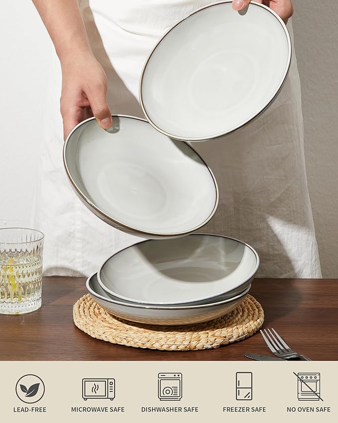 Pokini Pasta Bowls 30 oz, Terracotta Ceramic Plate Bowls for Kitchen, Microwave & Dishwasher Safe, Large Wide Serving Bowls for Salad/Soup/Noodle/Dessert, Moonstone White