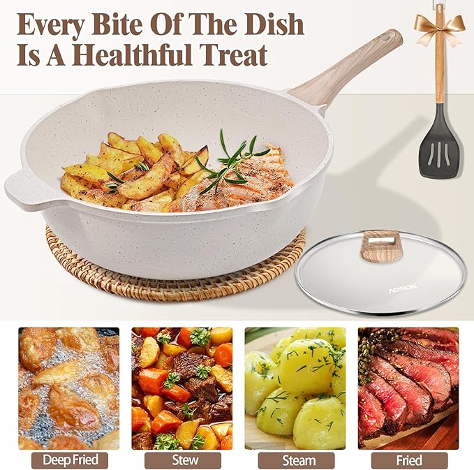 AOSION 11 Inch Nonstick Ceramic Deep Frying Pan Skille with Lid,5QT Sauté Pan for Cooking with Steam Rack,Healthy Large Skillet,Stay Cool Handle, Induction Compatible, PFOA & PFAS Free.(WHITE)