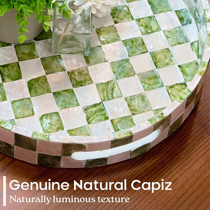 CHI AN HOME 12.6" Capiz Decorative Tray with Handles, Checkered Round Serving Tray for Coffee Table, Kitchen Counter, or Bathroom (Pistachio Green)