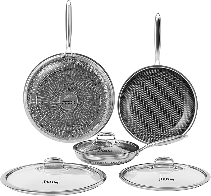 Honeycomb Stainless Steel Nonstick Frying Pan with Lid Set, Induction Cooktop Compatible Skillet, PFOA-Free Scratch-Proof, Dishwasher & Oven Safe, Silver Kitchen Cookware