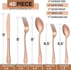 LIANYU 40 Piece Matte Copper Silverware Set, Stainless Steel Rose Gold Flatware Cutlery Set for 8, Fancy Kitchen Utensil Tableware for Home Restaurant Party, Satin Finish, Dishwasher Safe