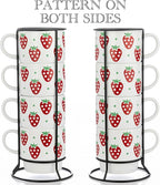 Signature Housewares Stackable Coffee Mug Tower Set with Metal Wire Rack - 15 Ounce Coffee Mugs for Coffee, Tea, Cocoa, Milk, Cappuccino, Hot Chocolate Set of 4 - Strawberry Pattern