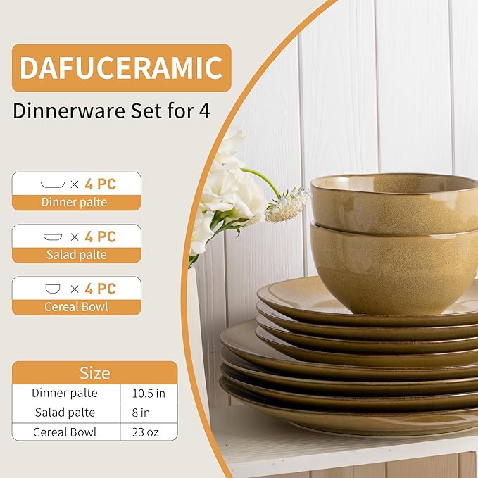 Dafuceramic Plates and Bowls Sets, 12 Pieces Modern Stoneware Dinnerware Set for 4 Kitchen Dinner Set Ceramic Dishware Dishes Set Microwave and Dishwasher Safe (Maize Yellow)