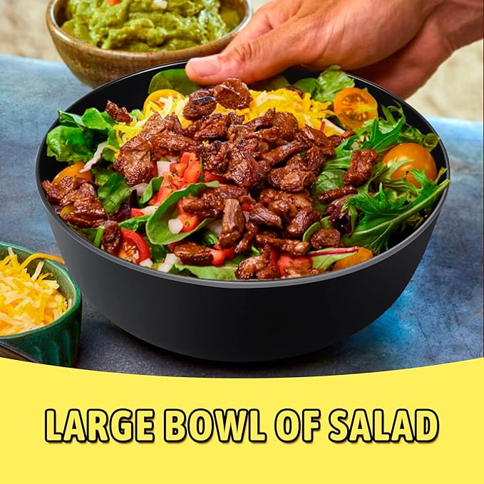 ECOWAY Bamboo Fiber Salad Bowl with Lid & Servers, 4Qt, Melamine Salad Serving Bowls Set with Bamboo Lid, Salad Mixing Bowl with Spoon Fork for Fruits Vegetables and Pasta (Black, 9.8inch)
