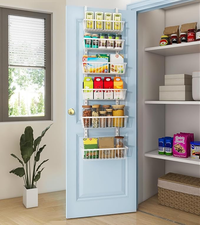 12 Inch Wide Narrow Over The Door Pantry Organizer, Pantry Organization and Storage, 6-Tier Metal Hanging Deep Basket Wall Spice Rack Seasoning Shelves, Home & Kitchen Essentials, White