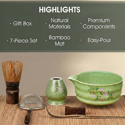 7-Piece Matcha Set with Ceramic Matcha Bowl, Bamboo Whisk (Chasen) & Holder, Sifter, Tea Scoop & Rest, Special Bamboo Tea Mat - Perfect Matcha Kit for Matcha Lovers & Gift Giving, Green