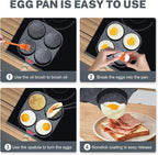 4‑Cup Nonstick Egg Pan Set with Lid – Aluminum Omelette Skillet for Breakfast, Includes Silicone Scraper, Oil Brush, Chopsticks & Cleaning Cloth – Compatible with Gas & Induction Cooktops (Black)