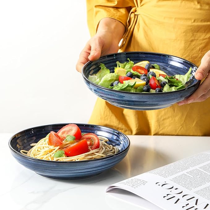 HASENSE Pasta Bowls Set of 2, 8.7 Inch Ceramic Salad Serving Bowls for Kitchen, 32 Ounce Shallow Bowls for Pasta Soup Salad Dinner, Microwave Dishwasher Safe, Navy Blue