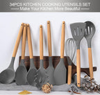 Silicone Cooking Utensils Set, 43Pcs Non-Stick Heat Resistant Kitchen Utensils Spatula Set with Wooden Handle for Baking, Cooking, and Mixing, Best Kitchen Gadgets Tools with Holder (Grey)
