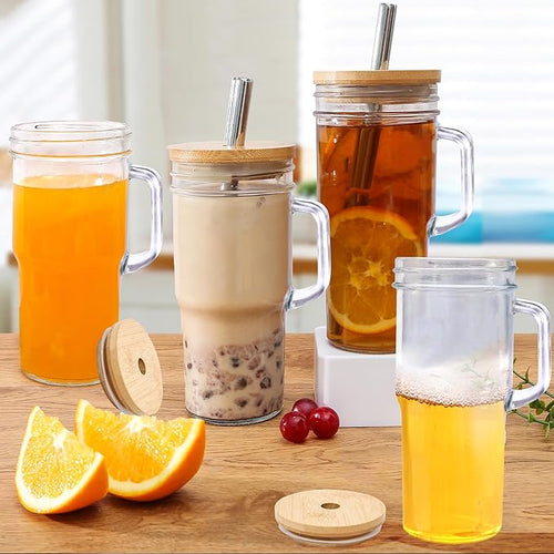 24oz Glass Cups with Lids and Straws - Glass Tumbler cup with bamboo lids and straw iced coffee cup
