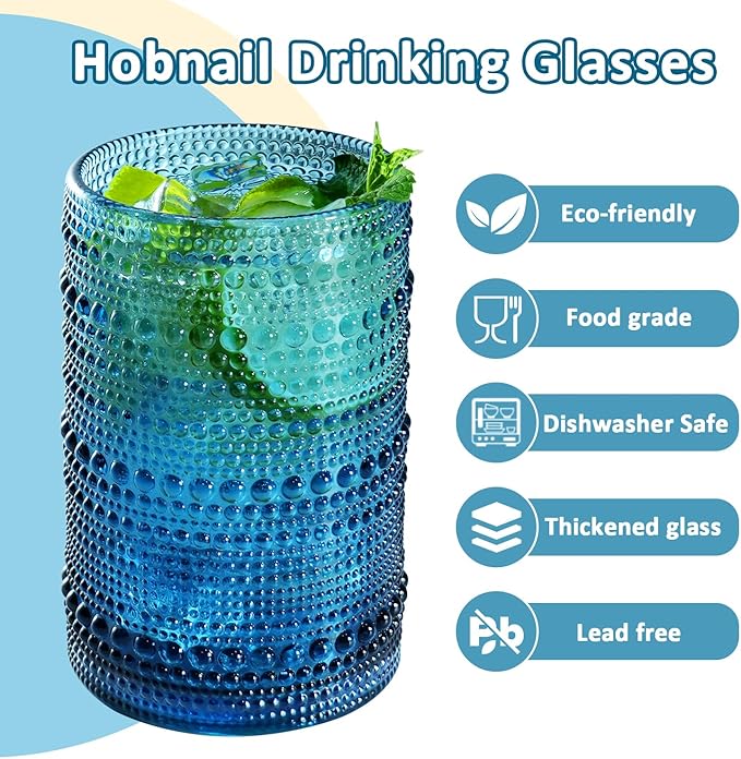 15 oz Colored Hobnail Drinking Glasses with Straws,Vintage Glassware Set of 6,Embossed Highball Cups Textured Glass Cups for Kitchen,Beer,Juice,Cocktail,Whiskey, Milk