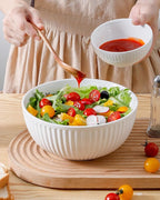 HASENSE Large Salad Bowls of 2, Porcelain 60 Oz Serving Bowl 8 Inch for Kitchen Dining,Elegant Ribbed White Ceramic Dishes for Party,Soup,Pho,Pasta,Cereal,Fruit - Dishwasher & Microwave Safe