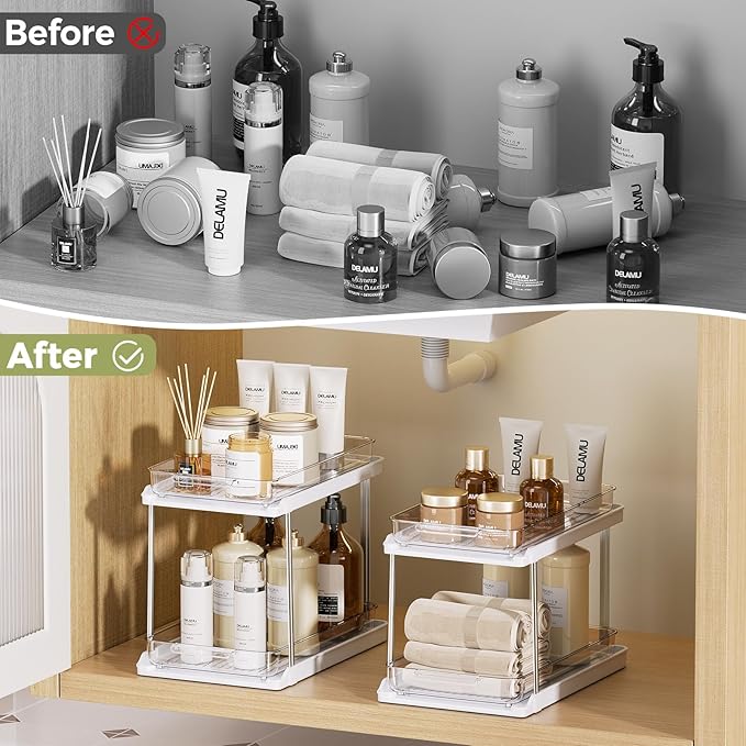 Delamu 2-Tier Bathroom Under Sink Organizers and Storage, Pull Out Cabinet Drawers with Anti-Slip Design & Two Sizes, Multi-Purpose Storage for Kitchen, Pantry, Bathroom & Home Organization, 4 Pack