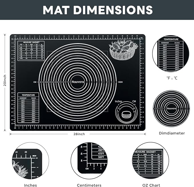 Extra Large Baking Mat - 28" Silicone Pastry Mat, Reusable Non-Stick Dough Mat with Measurement for Fondant, Rolling Dough, Pie Crust, Pizza and Cookies, Black