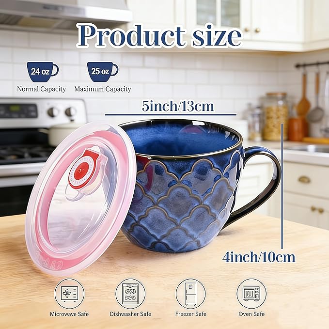 Ceramic Soup Bowl with Handle, 24 oz Microwave Safe Soup Mug/Cup with Lid, Large Ceramic Mug for Coffee, Cereal, Oatmeal, Salad, Ramen, Noodle, Soup, Set of 2 - Reactive Glaze Blue