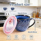 Ceramic Soup Bowl with Handle, 24 oz Microwave Safe Soup Mug/Cup with Lid, Large Ceramic Mug for Coffee, Cereal, Oatmeal, Salad, Ramen, Noodle, Soup, Set of 2 - Reactive Glaze Blue