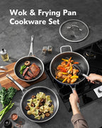 3-Piece Hybrid Stainless Steel Cookware Set-12 Inch Wok with Lid,10 Inch Frying Pan,12 Inch Skillet with Lid-Non Stick,PFOA Free,Dishwasher&Oven Safe,Induction Compatible,Cookware Set.