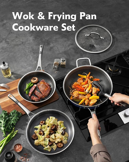 3-Piece Hybrid Stainless Steel Cookware Set-12 Inch Wok with Lid,10 Inch Frying Pan,12 Inch Skillet with Lid-Non Stick,PFOA Free,Dishwasher&Oven Safe,Induction Compatible,Cookware Set.