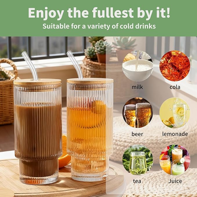 6 Pack Glass Cups with Lids and Straws, 16oz Ribbed Drinking Glasses Tumblers Durable Drinkware Water Glasses Cup Ideal Gift for Home, Kitchen, Office