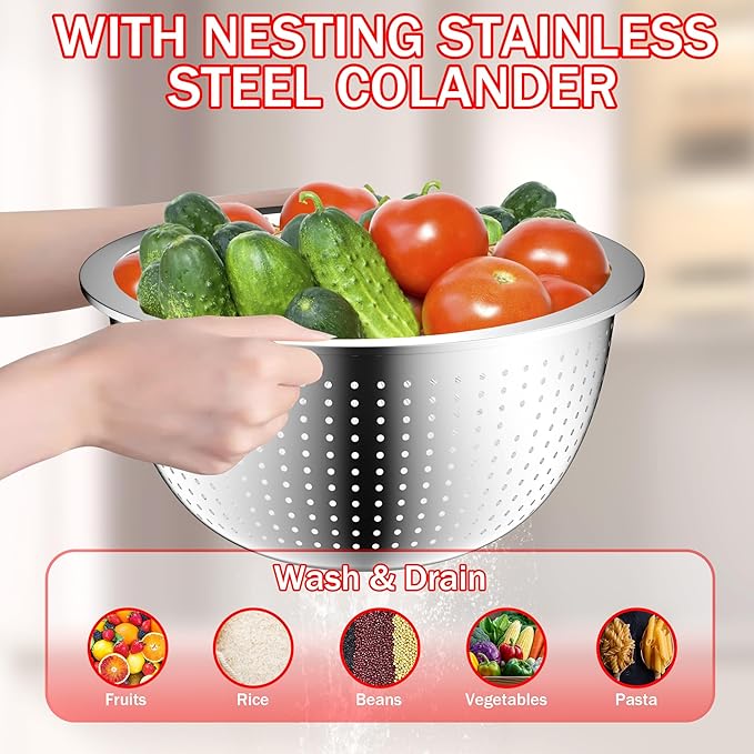 Mixing Bowls with Strainer, Mixing Bowl with Lids Set, Stainless Steel Mixing Bowls, Kitchen Gadgets Salad Bowls with Strainer for Mixing & Preping & Serving, Multicolor