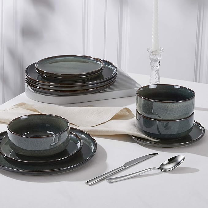 Herogo 12 Pieces Square Stoneware Dinnerware Set, Service for 4, Dinner Plates and Bowls Sets, Double Reactive Glaze Dishes Set for Kitchen, Scratch Resistant, Dishwasher Safe, Moss Green