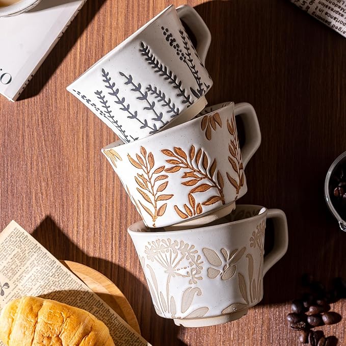 Ceramic Mugs 11 oz Unique Luxurious Cups Set of 4 with Premium Spoon, Mug for Coffee Milk Latte Cappuccino Tea, for Office Home Dishwasher Birthday Gift Microwave Freezer Safe Stoneware Mixed