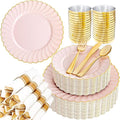 YOUBET 350PCS Pink Scalloped Plastic Plates - Pink and Gold Disposable Dinnerware Set Include 100 Plates, 150 Gold Silverware, 50 Cups, 50 Napkins for Wedding & Party Mothers Day