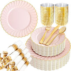 YOUBET 350PCS Pink Scalloped Plastic Plates - Pink and Gold Disposable Dinnerware Set Include 100 Plates, 150 Gold Silverware, 50 Cups, 50 Napkins for Wedding & Party Mothers Day
