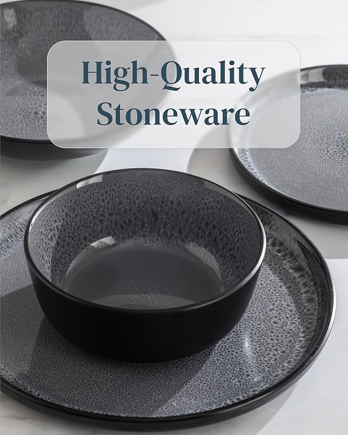 PURE LIVING INTERIOR DESIGN Stoneware coffee mugs set 8 pcs – 14.5 oz dark gray ceramic cups – Dishwasher and microwave safe – Modern stylish coffee cup set – Dinner service