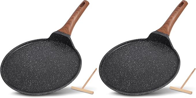 ESLITE LIFE 9.5 Inch Crepe Pan with Spreader, Nonstick Granite Coating Dosa Pan, Roti Tawa Comal Para Tortillas Pancake Griddle Pan, Induction Compatible, PTFE & PFOA Free, Black (Pack of 2)