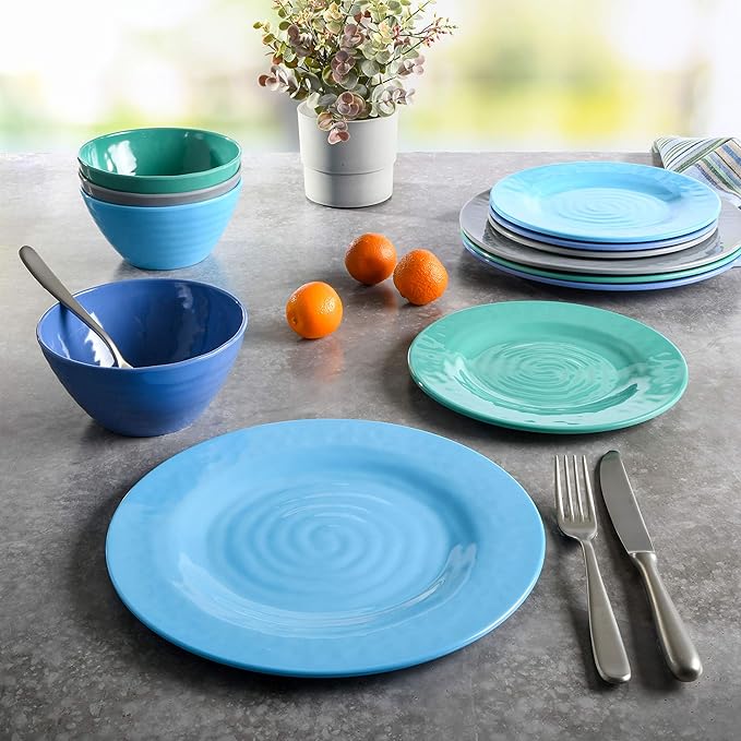Gibson Home Brist Melamine Plastic Dinnerware Set, Service for Four (12pcs), Blue