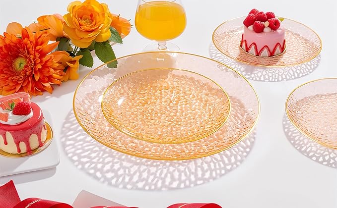 Rubtlamp 350 Pcs Plastic Dinnerware Set (50 Guests), Orange And Gold Plastic Plates, Hammered Party Plates Set Include Dinner Plates, Dessert Plates, Cups&Cutlery Set And Napkins for Wedding And Party