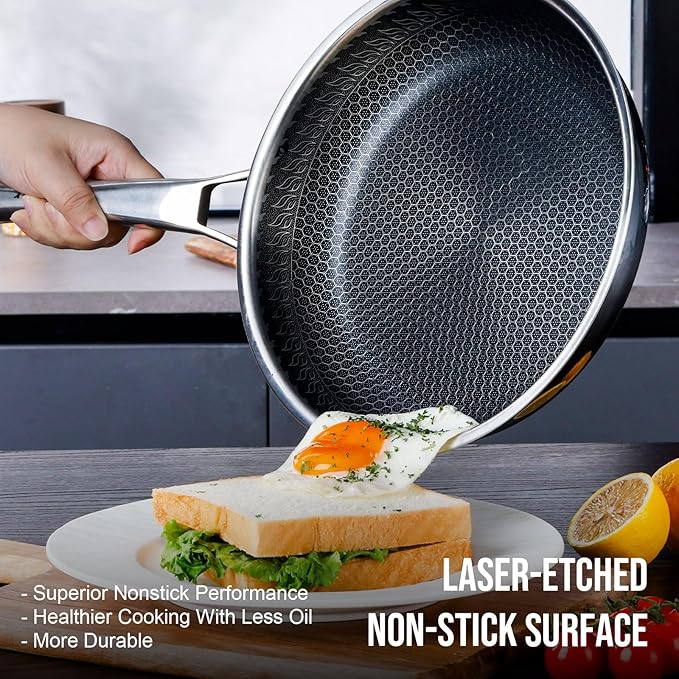 12 Inch Hybrid Nonstick Frying Pan, Stainless Steel Pan Non Stick Skillet, PFOA Free Cookware, Non Toxic Chef's Pan, Compatible with Electric, Gas and Induction, with Lid