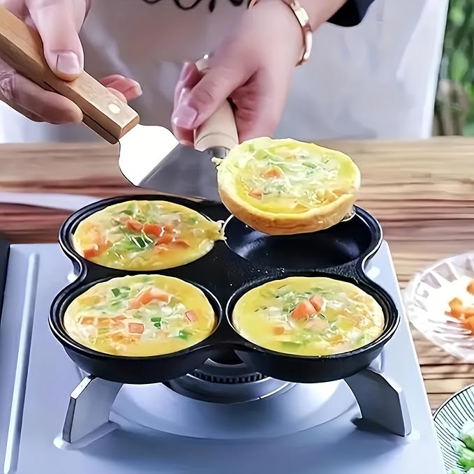 Cast Iron 4-Cup Egg Pan, Small Omelette Pan with Turner & Oil Brush, Breakfast Pan for Eggs Pancakes Sandwiches Burgers, Suitable for Gas Stove & Induction, Naturally Nonstick with Seasoning, 6.6inch