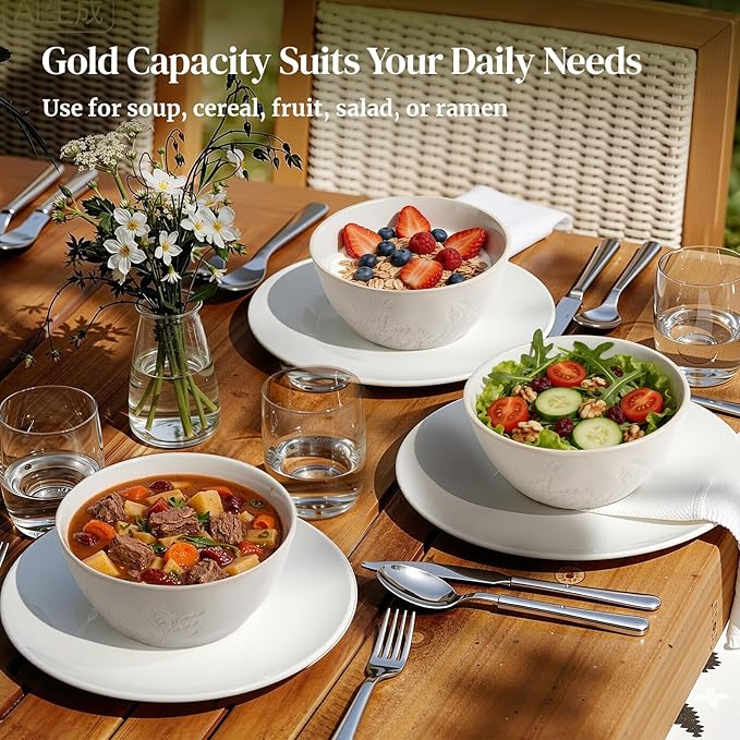 DOWAN 32 OZ Bowls, Soup Bowl Set of 4, Large Ceramic Bowls for Soup, Cereal, Pasta Bowls, Embossed Floral Design, Stackable, Microwave & Dishwasher Safe, for Ramen and Salad