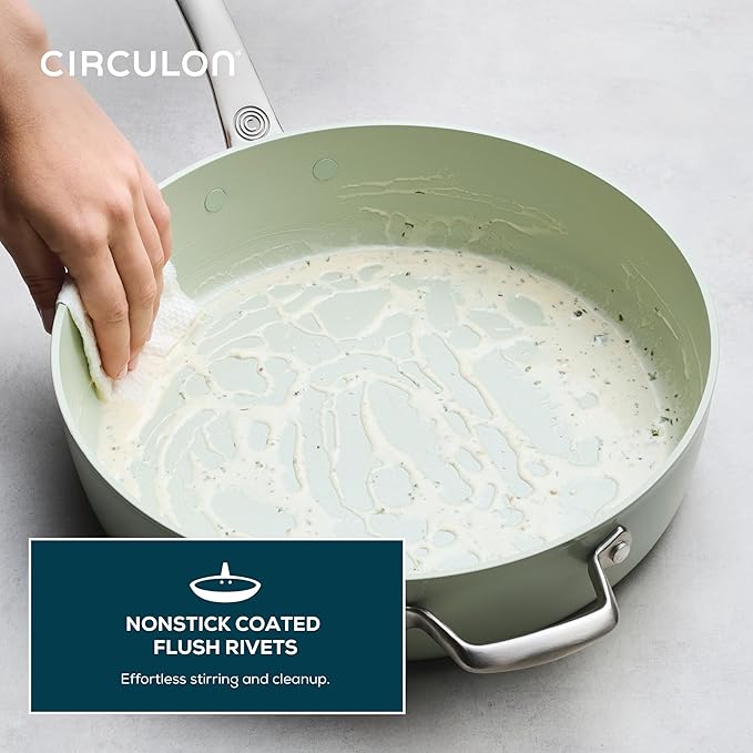 Circulon Halo with LaserDefense Ceramic Nonstick Saute Pan with Helper Handle and Lid, Made without PFAS, Compatible with All Stovetops, Dishwasher and Oven Safe, 5 Quart Multipurpose Pan - Sage