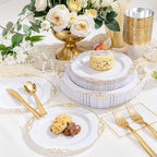 Hioasis 300pcs White and Gold Plastic Plates - Disposable Dinnerware Set Suitable for 50 Guests Include 10.25" Dinner & 7.5" Dessert Plates,Silverware Set, Cups for Wedding(NO Napkins Included)