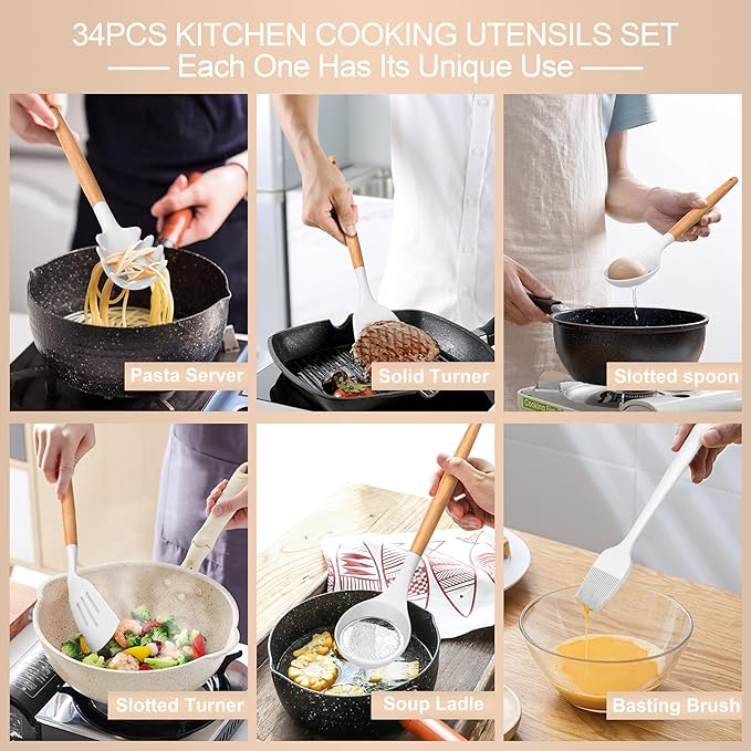 Silicone Cooking Utensils Set, 43Pcs Non-Stick Heat Resistant Kitchen Utensils Spatula Set with Wooden Handle for Baking, Cooking, and Mixing, Best Kitchen Gadgets Tools with Holder (White)