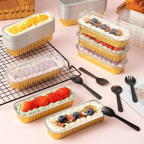 60Pcs Mini Loaf Pans with Lids and Spoons, Aluminum Foil Baking Pans, Rectangle Mini Cake Pan, Brownie Baking Cups for Picnics Party (Gold)