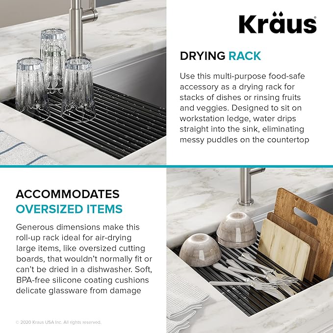 Kraus Multipurpose Workstation Sink Roll-Up Dish Drying Rack, Colander and Trivet in Black, KRM-11BL