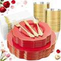 NOCCUR 175PCS Red Plastic Plates with Gold Disposable Silverware - Include 50 Red Gold Plastic Plates,25 Knives,25 Forks,25 Spoons,25 Cups and 25 Napkins - Ideal for Party/Mother's Day